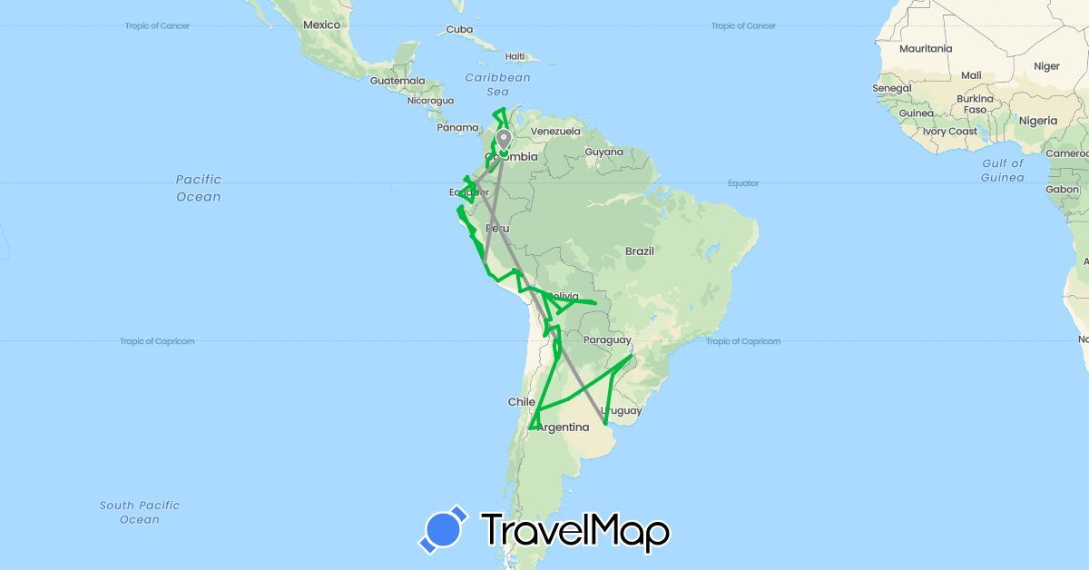 TravelMap itinerary: driving, bus, plane, hiking in Argentina, Bolivia, Colombia, Ecuador, Peru (South America)